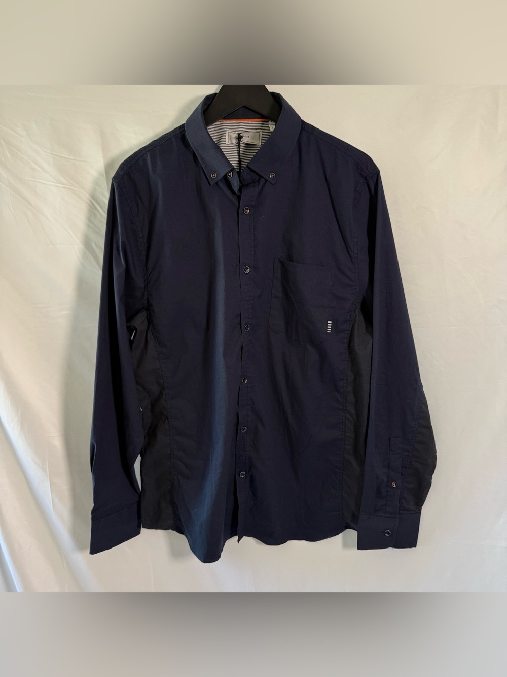 Five Four "Park" Men's Button Down Shirt XL NWT Navy Blue Striped Trim